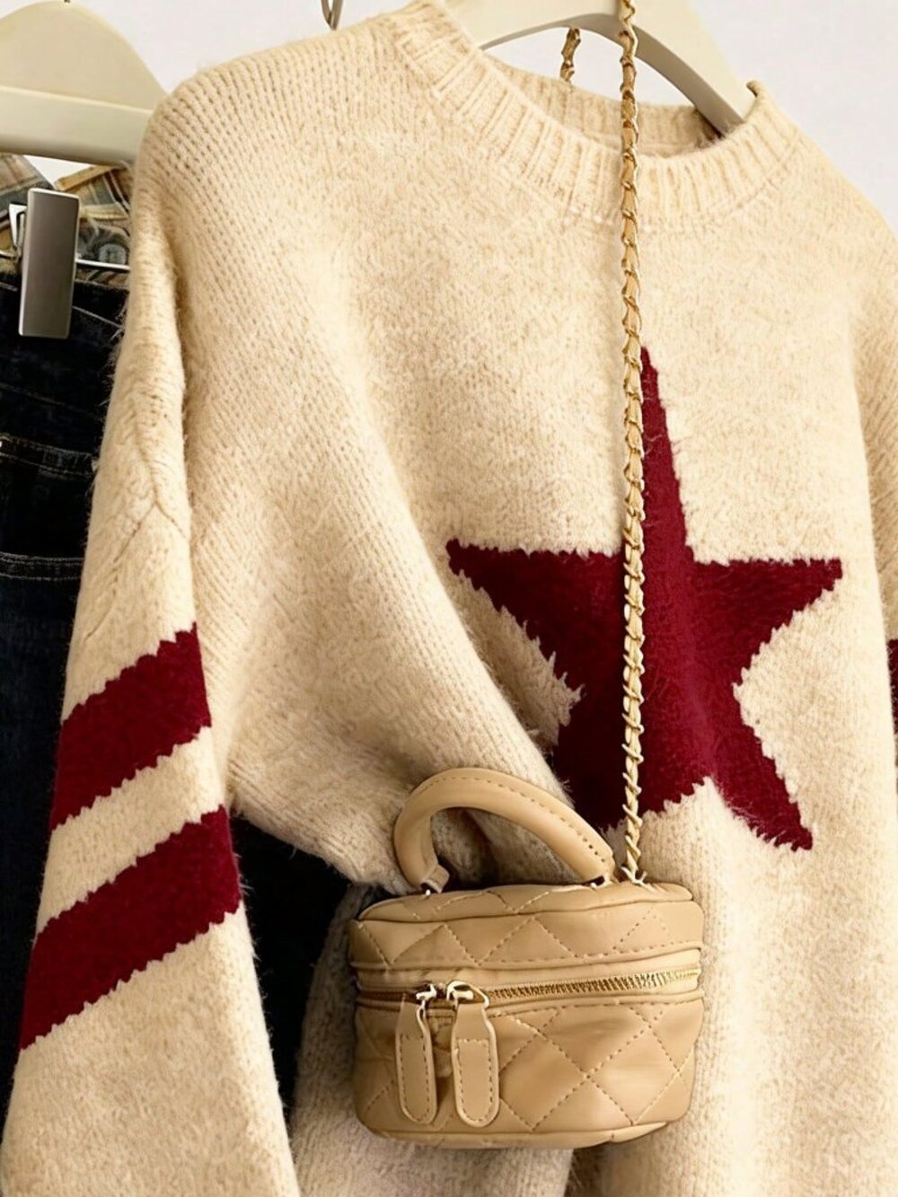 Apricot Casual Women's Colorblock Star Pattern Crew Neck Sweater - Picture 3 of 3